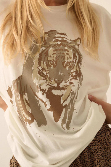 Tiger Tee by Matte – close-up of tiger graphic print on oversized white t-shirt