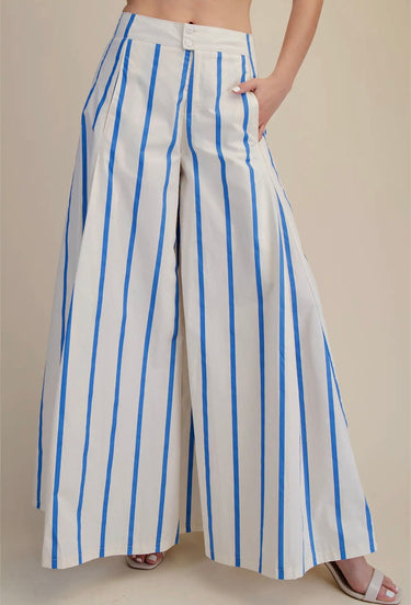 Blue and white vertical striped wide-leg pants shown from the front with a high-rise elastic waistband.