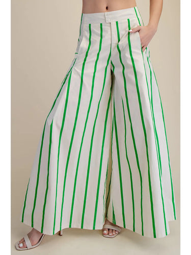 Green and white vertical striped wide-leg pants shown from the front with a high-rise elastic waistband.
