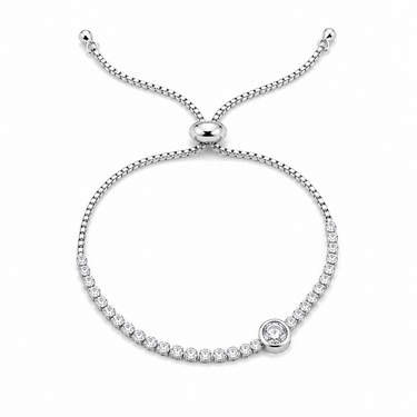 Tolxt Bracelet adjustable silver box chain bracelet with crystal accents and bezel-set center stone on white background.