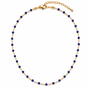 Zaro Necklace blue beaded necklace with gold-tone accents and adjustable chain on white background.