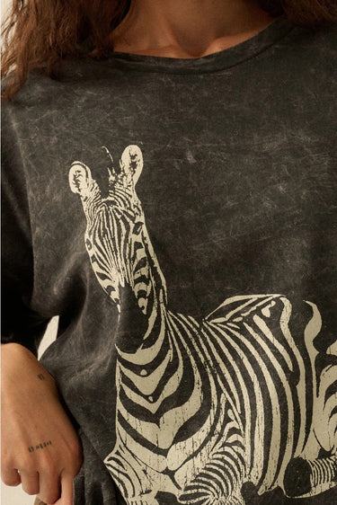 Zebra Tee by Matte – close-up of zebra graphic print on oversized washed black t-shirt