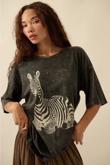 Zebra Tee by Matte – oversized washed black t-shirt with bold zebra graphic, front view