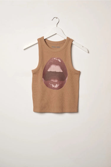 Abar Top taupe ribbed tank top displayed on hanger with large lip graphic centered on front, showing neckline shape and sleeveless design.