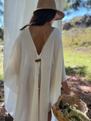 Alba Cover Up cream oversized beach cover up back view with deep V neckline and relaxed fit