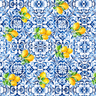 Amalfi Scarf with blue Mediterranean tile-inspired pattern featuring intricate ornamental motifs and scattered yellow lemon illustrations on a lightweight square scarf.