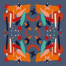 Aspen Scarf with navy background and orange geometric print, art-inspired square scarf for Matte.
