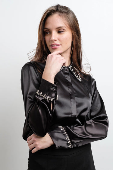 Front close-up of Astra Crystal Blouse highlighting satin finish and crystal details on collar and cuffs.
