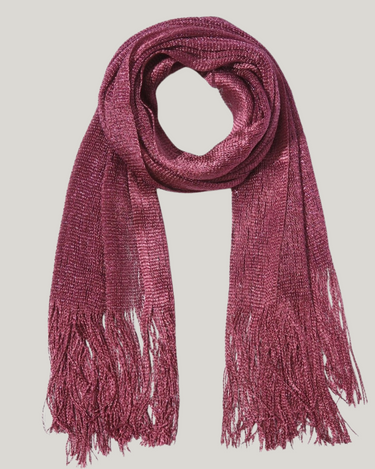 Matte Stardust Shimmer Scarf in Berry with fringe on a neutral background