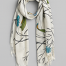 Carcassonne Scarf — ivory scarf with turquoise, green, and blue botanical print, fringed edges, lightweight and soft texture by Matte.