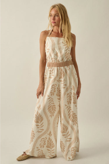 Ciguu Printed Halter Jumpsuit full length front view highlighting halter neckline and relaxed fit