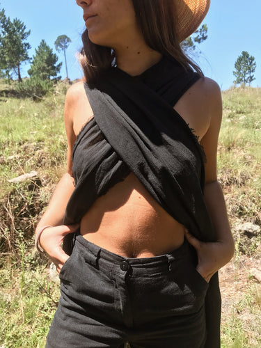 Cisne Lightweight Resort Cover Up black version styled with matching showing relaxed drape