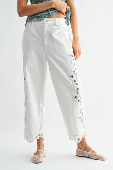 Clea Pant white cropped pants front view showing embroidery detailing along leg.