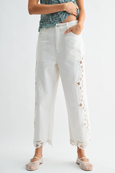 Clea Pant white embroidered cropped pants full-length front view on model.