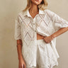 Godeth Blouse front view highlighting crisp white eyelet fabric, button-front shirt shape, and feminine scalloped edges