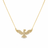 Grim Necklace gold phoenix pendant on neutral background, highlighting winged design and clear shimmering stone details.