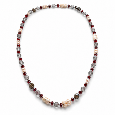 Joplin Necklace flat lay showing mixed beads, baroque pearl details, and long 24 inch design.
