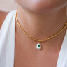 Julian Pearl Charm baroque pearl pendant with green onyx worn on gold necklace layered minimal jewelry look.