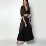 Lawery Wrap Dress black wrap-style maxi dress front view on model with sash belt.