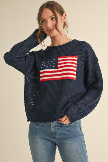 Navy Liberty Knit Sweater with relaxed fit and flag detail