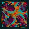 Lille Scarf with bold multicolor abstract design on dark teal base, square artistic print scarf for Matte.
