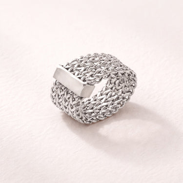 Silver Mesh Bar Ring – wide woven silver mesh ring with polished rectangular bar detail on soft neutral background