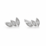 Pair of silver leaf-shaped earrings with clear gemstones on a white background