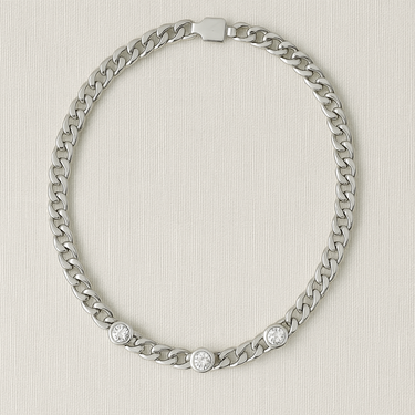 Silver chain necklace with zirconia accents on neutral beige background – Lyric Necklace by Matte