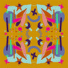 Marseille Scarf with abstract multicolor print on mustard background, square artistic scarf photo for Matte.