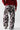 Back view of metallic floral trousers with wide leg relaxed fit and elastic waistband