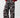 Front view of metallic floral wide leg trousers in silver with purple and green blooms, styled with red sweater