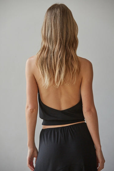 Miwa Top black open back halter top back view.