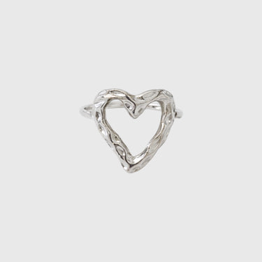 Matte silver Heart Ring with organic textured open heart design on light gray background