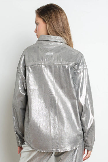 Silver foil-finish oversized denim jacket with textured sheen and relaxed silhouette, shown from back views — Narat Oversized Jacket.