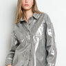 Silver foil-finish oversized denim jacket with textured sheen and relaxed silhouette, shown from front view — Narat Oversized Jacket.