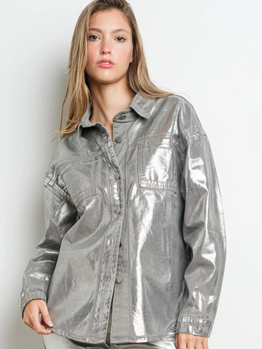 Silver foil-finish oversized denim jacket with textured sheen and relaxed silhouette, shown from front view — Narat Oversized Jacket.