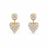 Heart-shaped earrings with gold and diamond details on a white background