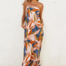 Otti Maxi Dress strapless leaf print maxi dress full-length front view on model.