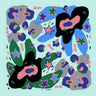 Paris Scarf with vibrant multicolor print on blue background, artistic square accessory photo for Matte.