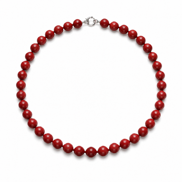 Ravn Necklace close-up of red beaded necklace on neutral background, highlighting rich color and polished bead texture