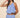 Ritzi Blouse front detail of vertical blue stripes, soft drape one shoulder crop top on model