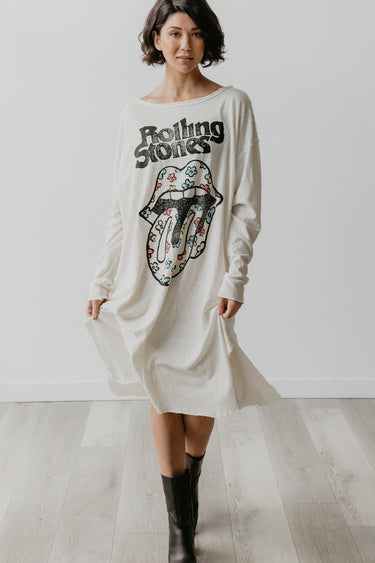 Back view of oversized Rolling Stones floral tongue graphic dress in ivory.