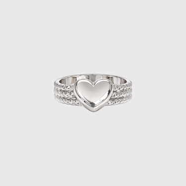 Heart Mirror Ring light silver polished heart ring with braided band on clean white background