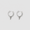 Silver hoop earrings with cone-shaped accents on a light gray background