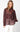 Model wearing Selene Metallic Blouse in wine metallic pleated fabric, button-down front with shimmering finish.