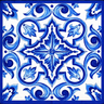 Sid Scarf square scarf with blue and white ceramic-inspired tile print featuring ornate symmetrical pattern and detailed border.