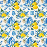 Torino Scarf square scarf with blue floral tile-inspired pattern and yellow lemon print on white background with detailed border.