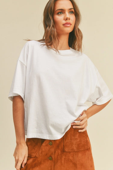 Toto Crop Top front detail showing relaxed sleeves and draped oversized fit.