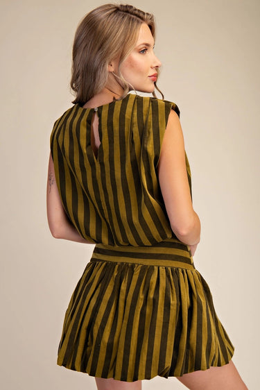 Uvek Top back view of striped sleeveless top with structured fit and vertical olive and gold stripes