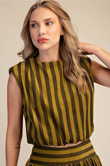 Uvek Top front view highlighting bold stripe pattern, sleeveless cut, and clean neckline design.